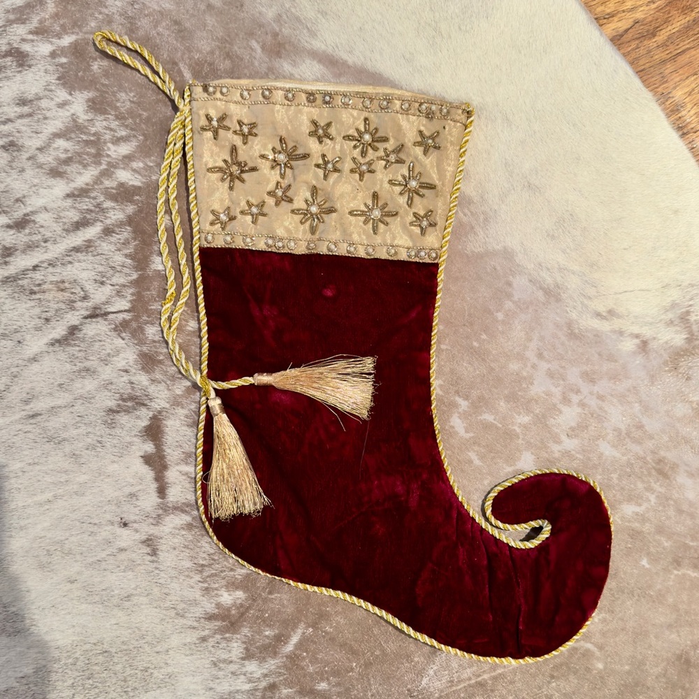 Burgundy Red Velvet & Gold Tassel Trim Christmas Stocking  Curly Toe Maximalist
